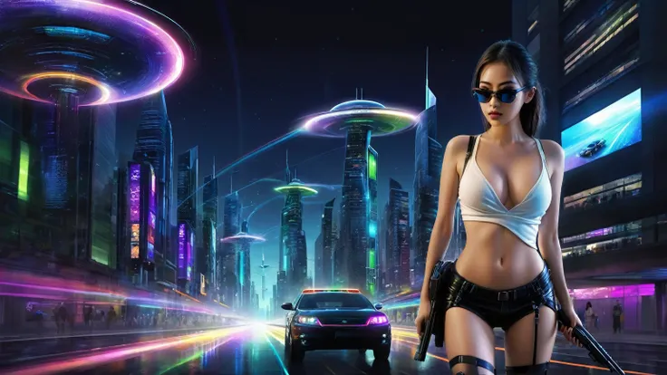 Estilo: arte conceitual. A cena: Futuristic cityscapes with colorful all-glass towering skyscrapers, sleek aerodynamic vehicles speeding through the air, sci-fi spirit-sparkling rainbow colors wormhole at the end of the street. High-resolution OLED GUI int...