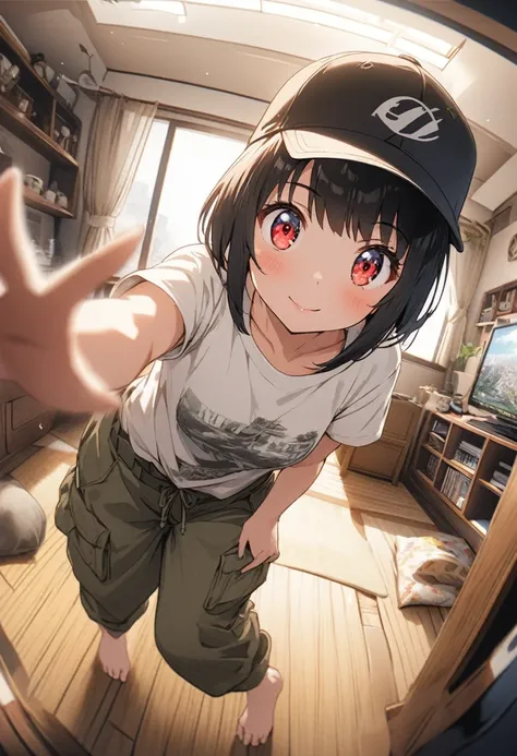 Micro-photography。A cute girl with white short bob hair and red eyes。Cute in Japanese anime illustration style。She is wearing an oversized yellow short-sleeved t-shirt。She is wearing sarouel cargo pants。She is barefoot。She is wearing a baseball cap。Photore...