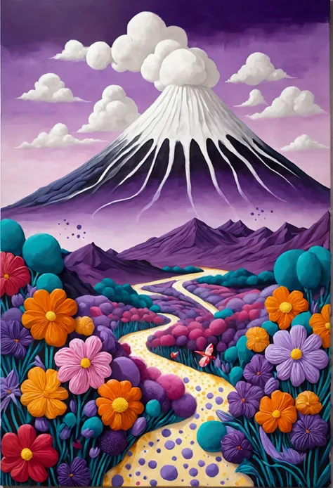 A painting，Inspired by Yayoi Kusama：(((Chalk painting，Oil stick painting，Volume，Thick coating，Uneven texture，Plaster texture，Graffiti，Dot)))。(a volcano erupts。White smoke。), Bright colors, Purple和, cute的, Bright colors，cute, Lavender Color and Color Scheme...