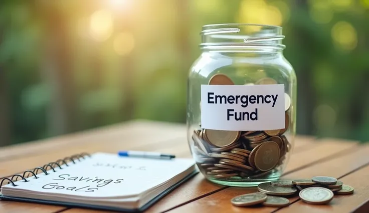 "A glass jar labeled Emergency Fund with coins and bills inside, placed on a wooden table next to a notebook with savings goals, ar 16:9"
