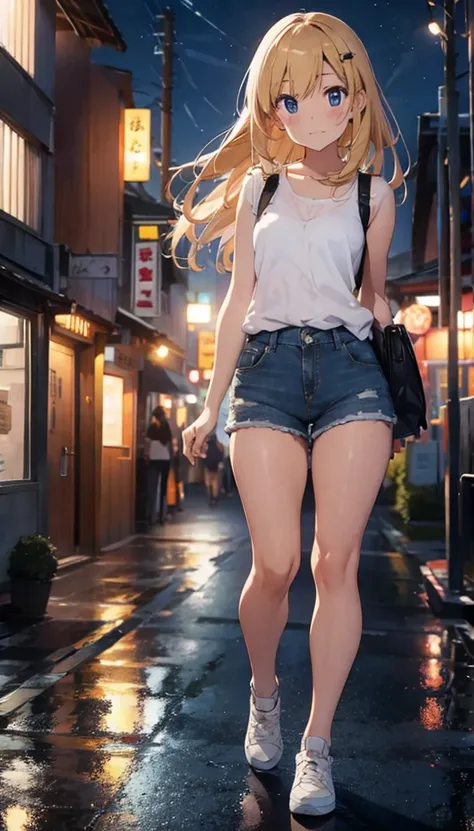 Beautiful girl walking down the street on a rainy night in a crowded big city、Blonde、Denim shorts、Tank top、Sad face、Warm lighting　 Starry Sky　Japanese anime style　I can see the neon lights of the city　An angle that captures the whole body　An angle that sho...