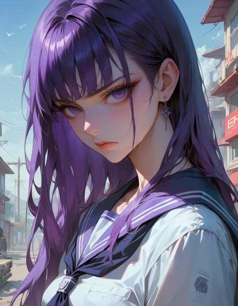 An eighteen-year-old young woman with long purple hair in a sailor suit sits in a classroom (school 1.5 in the background) (expression serious, cold 1.5) (best quality: 1.1) (masterpiece: 1.3) with an unparalleled masterpiece, surreal 8K, perfect artwork, ...