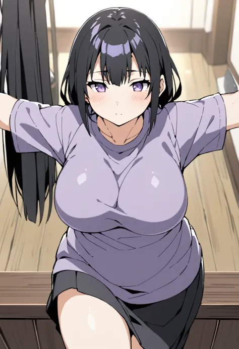 Hinata Hyuga a 24 year old girl wearing purple t shirt and black skirt. She has whitepurple eyes and black hair.She has medium sized boobs and she is a fat fetish.