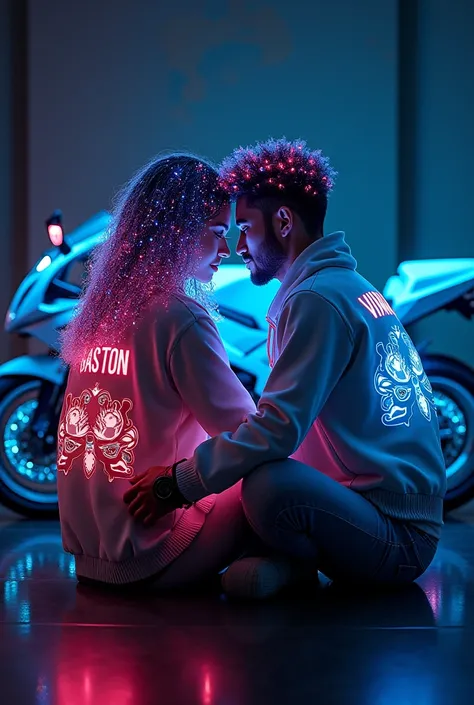  3D glowing man and woman hugging  with glowing hair wearing jackets that say GASTON and VIANA sitting in front of a Ninja ZX 250 motorcycle