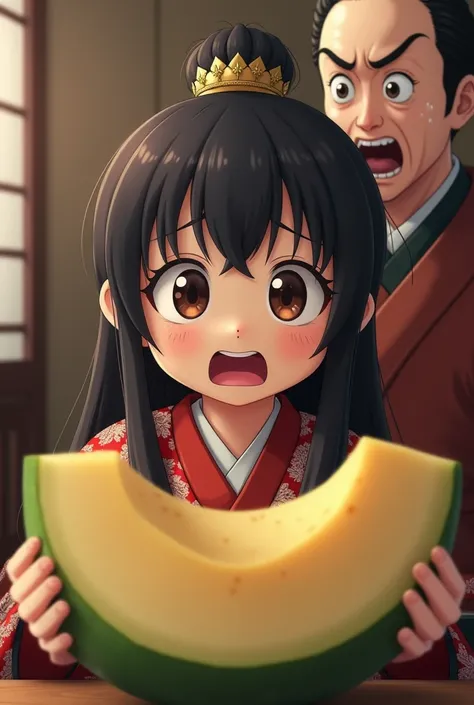 "Nene takes a bite of the melon, her eyes widening in exaggerated suspicion, her mouth slightly pursed as she tries to discern the unusual flavor. Toyotomi Hideyoshi, in the background, wears an overly panicked expression, his eyes wide, mouth agape, and s...