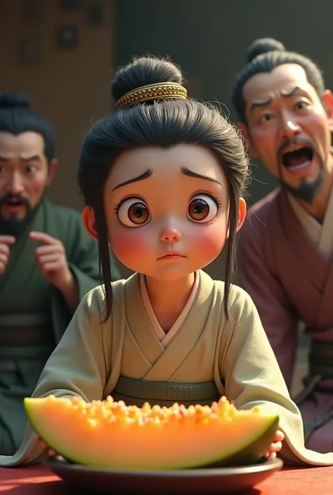 "Nene takes a bite of the melon, her eyes widening in exaggerated suspicion, her mouth slightly pursed as she tries to discern the unusual flavor. Toyotomi Hideyoshi, in the background, wears an overly panicked expression, his eyes wide, mouth agape, and s...