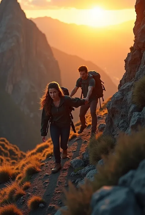 A woman pulling the man on the mountain at sunset 