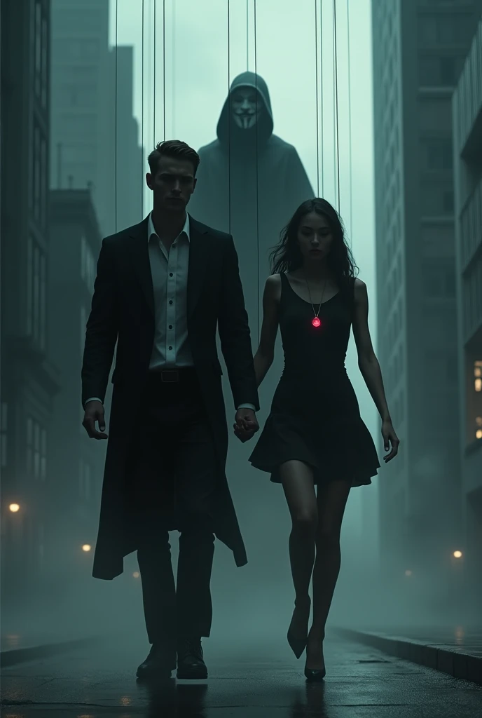 A handsome man wearing a black suit and a young woman wearing a Ruby pendant are running.  A shadowy man with a mask is controlling them with puppet string from above.


