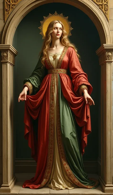 Create a detailed painting in the style of early Renaissance religious art. The central figure is a saintly woman standing gracefully within a Gothic arch frame. She is dressed in richly colored, flowing garments with intricate golden embroidery. The dress...