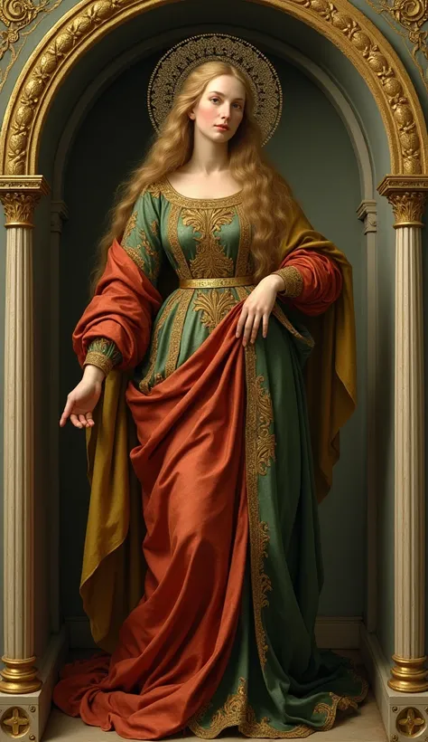 Create a detailed painting in the style of early Renaissance religious art. The central figure is a saintly woman standing gracefully within a Gothic arch frame. She is dressed in richly colored, flowing garments with intricate golden embroidery. The dress...