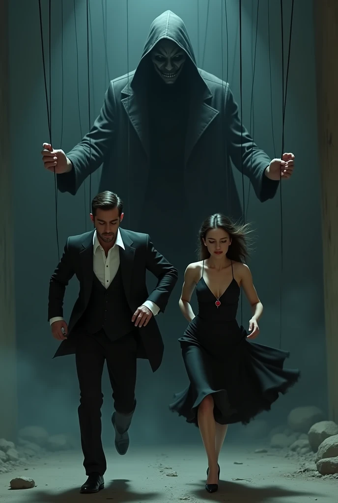 A handsome man wearing a black suit and a young woman wearing a Ruby pendant are running.  A shadowy man with a mask is controlling them with puppet string from above.


