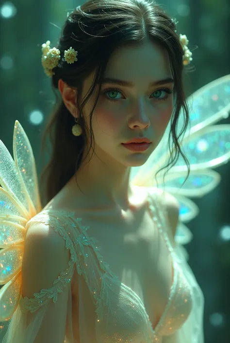 An ethereal female figure with delicate, luminescent wings, surrounded by glowing, magical creatures in an enchanted forest Subsurface skin scattering, shiny skin, iridescent dress, detailed background, ([Elizabeth Olsen|Anne Hathaway|Selena Gomez]:0.8), r...