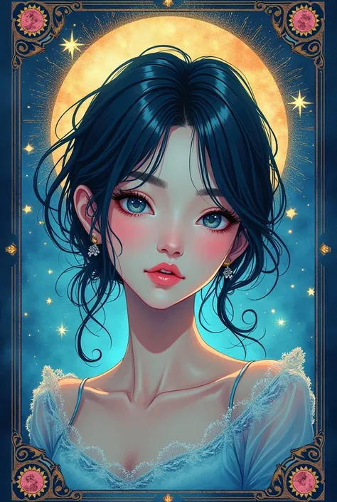 anime manga illustration cartoon style, selfie portrait, beautiful woman, all Tiffany Blue, tarot cards style frame, fusion of watercolors and oil paintings, fusion of paper cutting and shadow puppetry, shading effects, gradation magic effects, glitter eff...