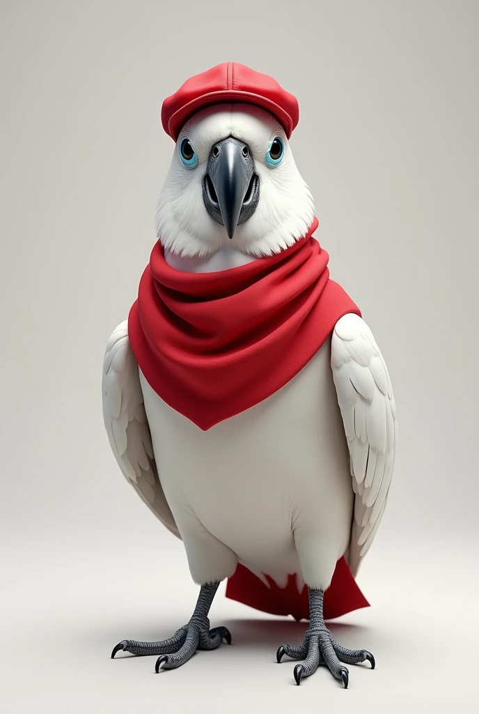 White head Parrot with cap on head  red shirt and show full body with lags look front stand parrot clean background 