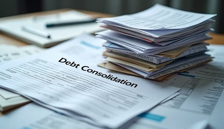 "A stack of different bills and debts being combined into one larger document labeled Debt Consolidation, with a background of financial paperwork, ar 16:9"
