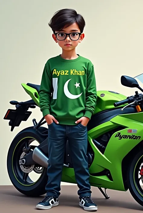 wearing a green  colour shirts  and dark blue paint with  pakistani flag name ayaz khan write  it on shirt young boy wearing black glasses
standing with  sport bike which green colour on bike realistic art painting photo