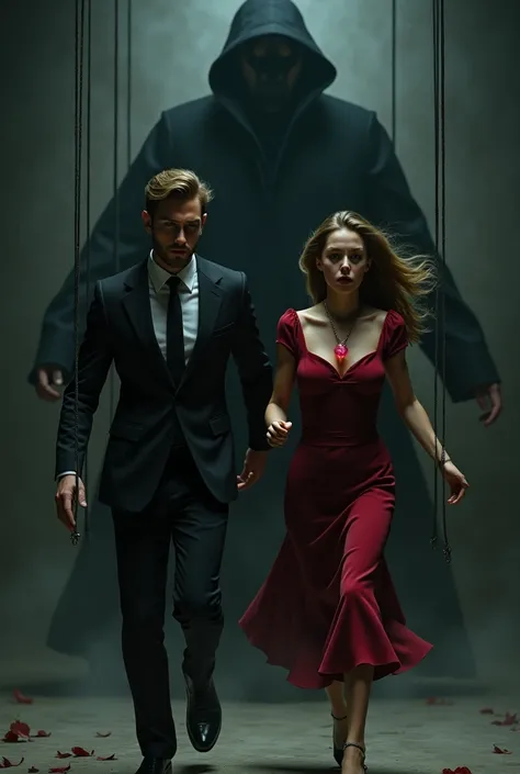 A handsome man wearing a black suit and a young woman wearing a Ruby pendant are running holding hands.  A shadowy man with a mask is controlling them with puppet string from above.


