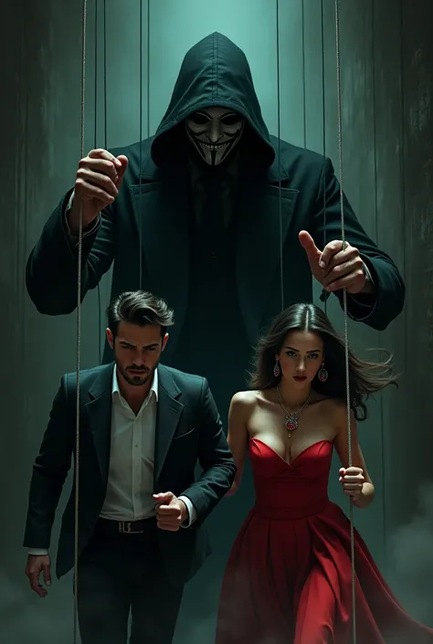 A handsome man wearing a black suit and a young woman wearing a Ruby pendant are running holding hands.  A shadowy man with a mask is controlling them with puppet string from above.


