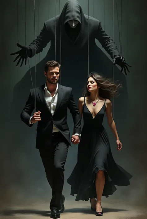 A handsome man wearing a black suit and a young woman wearing a Ruby pendant are running away holding hands.  A shadowy man with a mask is controlling them with puppet string from above.


