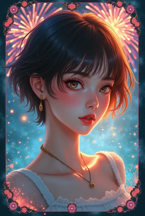 anime manga illustration cartoon style, selfie portrait, beautiful woman, brown pixie cut, all Tiffany Blue, tarot cards style frame, fusion of watercolors and oil paintings, fusion of paper cutting and shadow puppetry, shading effects, gradation magic eff...