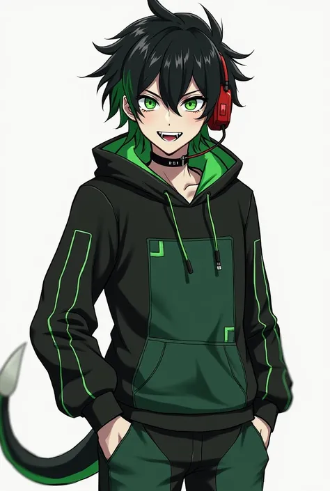 黒のような緑のような髪のmale。。Short, outward-curling hair is tousled and frizzy。Green eyes with an upturned gaze and severe dark circles。
A close-fitting, racer-style hoodie and a red headset are worn。A microphone and antenna extend from the headset。The hoodie is blac...