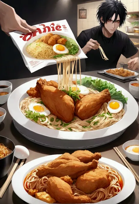 very realistic, making noodles in packages, with a picture of noodles with eggs and fried chicken, as well as an emo-haired man with the words "bojes mie sange" UHDR super realistic