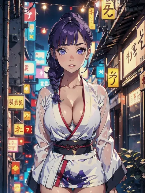 One person, Blunt bangs, Braiding, Wide sleeves, hair ornaments, kimono, Says Obi, (Purple Hair:1.2), Very long hair, Straight hair, View your viewers, Highly detailed background, (Photorealistic:1.2), Detailed eyes, Red eyeshadow, Depth of written boundar...