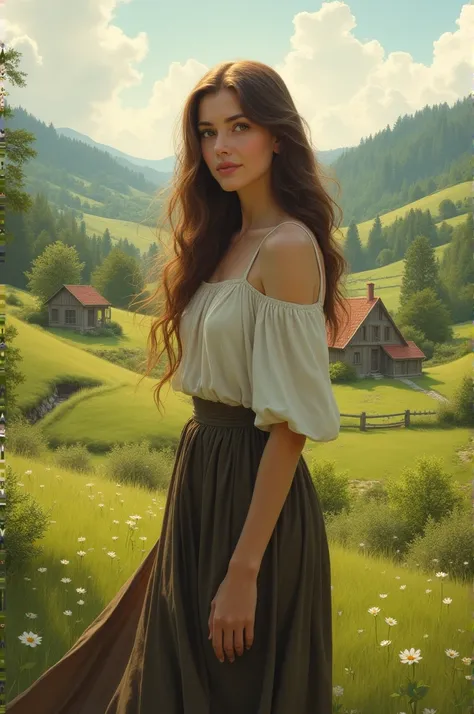 Middle Age lady, countryside, thin, long Brown hair