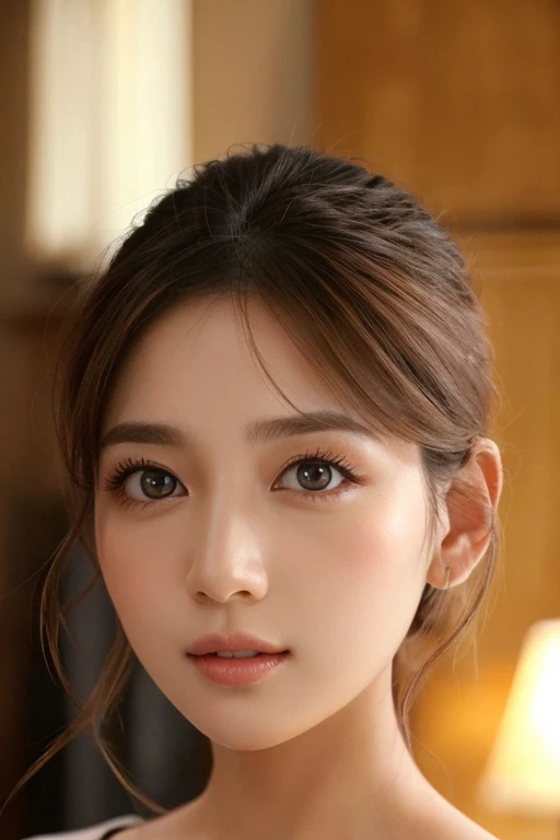 High-quality, ultra-realistic portraits。She has a beautiful nose、Her facial features are gorgeous yet naturally balanced.。Big eyes are kind、Gives a bright impression。The skin is transparent、Has a healthy glow。Makeup is natural、Use orange or mustard colored...