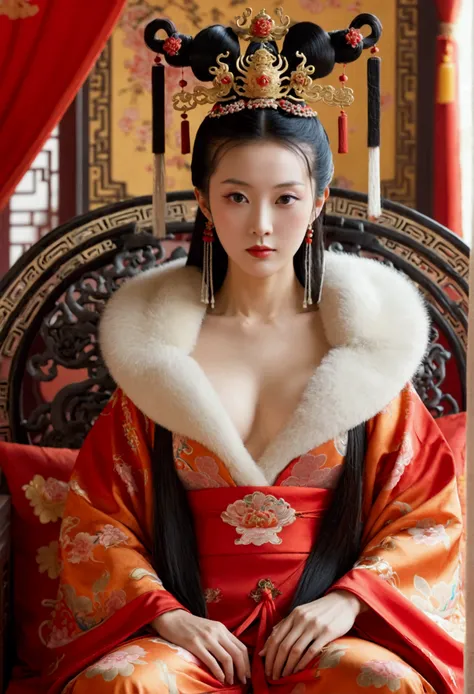 The naked Empress of the Qing Dynasty, sitting naked on a large throne, with a huge bust.（Porn Pose） A gorgeous Chinese imperial empress with her hair tied on both sides and wearing a crown、Background of kinky and erotic woman tying her hair、The story is s...