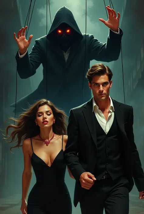 A handsome young man wearing a black suit and a young woman wearing a Ruby pendant are running away.  A shadowy man with a mask is controlling them with puppet string from above.


