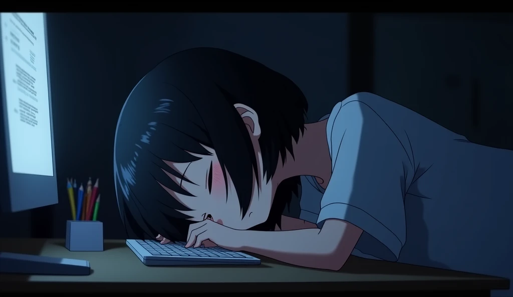 Sleeping face down on the computer desk,Girl,19 years old,Bluish black hair,Dark Room,Inside the room,Gentle moonlight,Heavy round bob hair,Plain white T-shirt,Anime Style, Shooting from an oblique angle,High resolution, Anti-aliasing