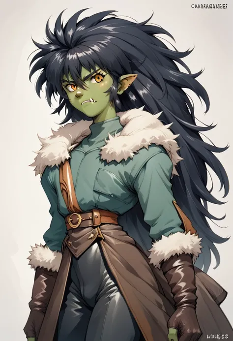  a Young adult berserker half orc jacked femboy dnd marauder jade skin, equipped with a black blade curse sword,thick,adventurer suit,fur coat in an 90’s style. He’s a young man with long hair,long ponytail messy hair, a serious expression,dynamic poses.Th...