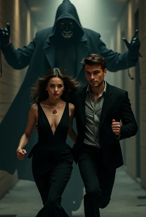 A handsome young man wearing a black suit and a young woman wearing a Ruby pendant are running away.  A shadowy man with a mask is controlling them with puppet string from above.


