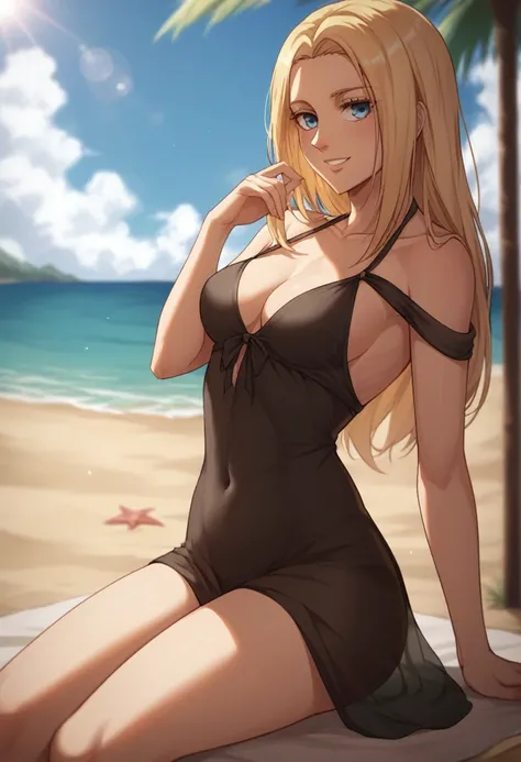 score_9, score_8_up, score_7_up, BREAK source_anime, historia reiss, blue eyes, blonde hair, long hair, medium breasts, black sheer dress,smile,sitting in beach