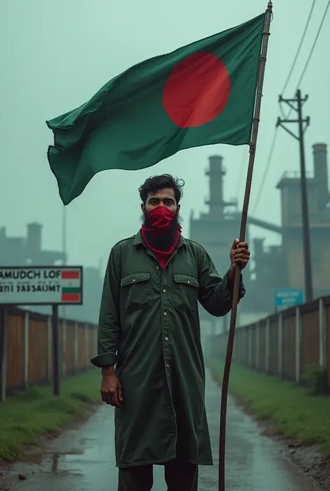 A 27 years old beard boy with read cloth in mouth & bangladesh flag in forehead with Bangladesh flag in hand in rain stand infront of a industry named in board "Samuda Chemical Complex Limited 