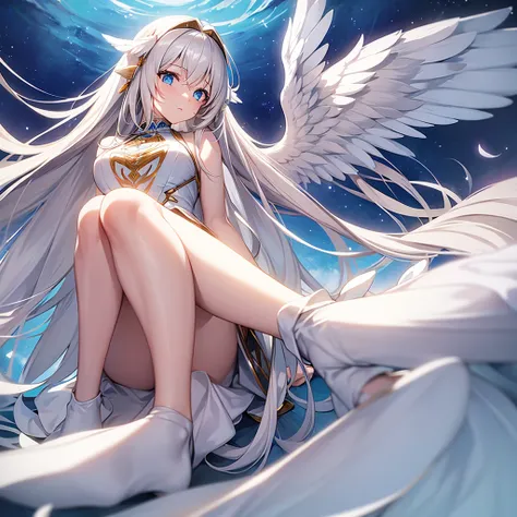 Female angel with big white wings, long straight brown hair, sky blue eyes wearing light white dress