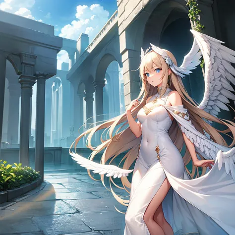 Female angel with big white wings, long straight brown hair, sky blue eyes wearing light white dress