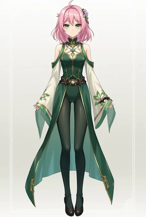 Tips Copy tips create full body female Genshin Impact character, with medium hair to the waist in pink color, Skin Fair, green eyes combined with purple, Her outerwear is a dark green bodysuit and a semi-decorated dress in green and white..