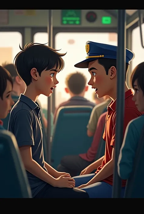 bas mein hai
A boy of 14 to 15 years old is talking to the bus conductor. Both of them are talking to each other who are both in the bus.