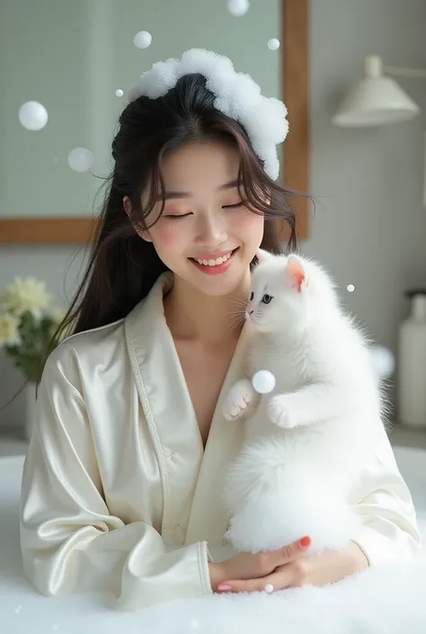 Create an Asian beauty with long hair，Regular facial features，Wearing a white satin bathrobe，Washing hair with both hands above the head，A cute white kitten next to it plays with the foam，Real bubbles，Foam envelops the beautys entire head，Beautiful girl op...