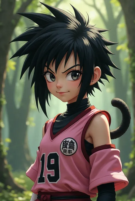 fascha, 1 girl, alone, black eyes, black hair, shorth hair, spiky hair, ear rings, monkey tail,
Saiyan Armor, pink jersey, white gloves, bare shoulders,
smile,closed mouth,Cowboy-shot,Stand,upper body,
woods,outside,
(insanely detailed, beautiful detailed ...