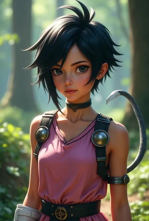 fascha, 1 girl, alone, black eyes, black hair, shorth hair, spiky hair, ear rings, monkey tail,
Saiyan Armor, pink jersey, white gloves, bare shoulders,
smile,closed mouth,Cowboy-shot,Stand,upper body,
woods,outside,
(insanely detailed, beautiful detailed ...