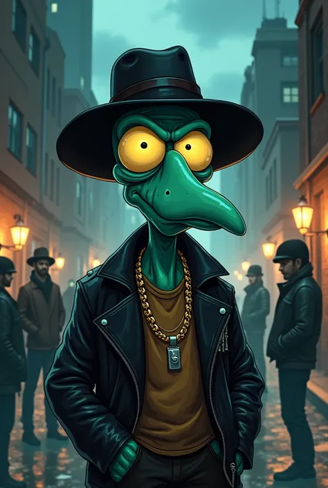 Squidward from Spongebob but a cartoonized drug dealer and more faithful., more gangster, more drug dealer and gangster, more trafficker and less gangster 