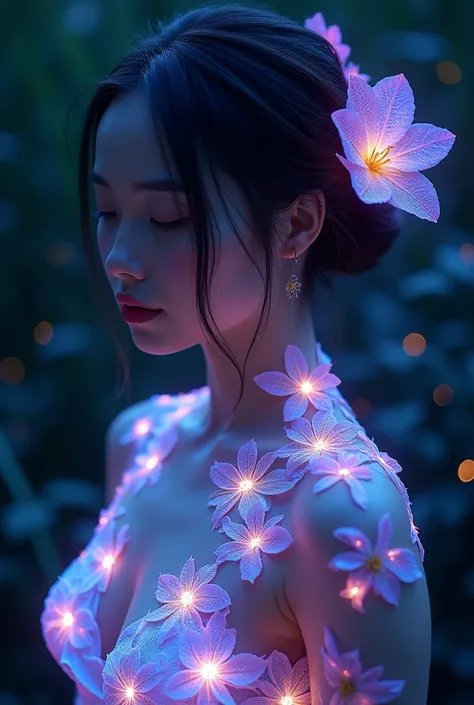 high quality, 8K Ultra HD, beautiful and sexy Bioluminescent woman with a slim figure medium teardrop breasts, beautiful flowing Bioluminescent flowers forming a beautiful woman, full depth of field and realistic textures
