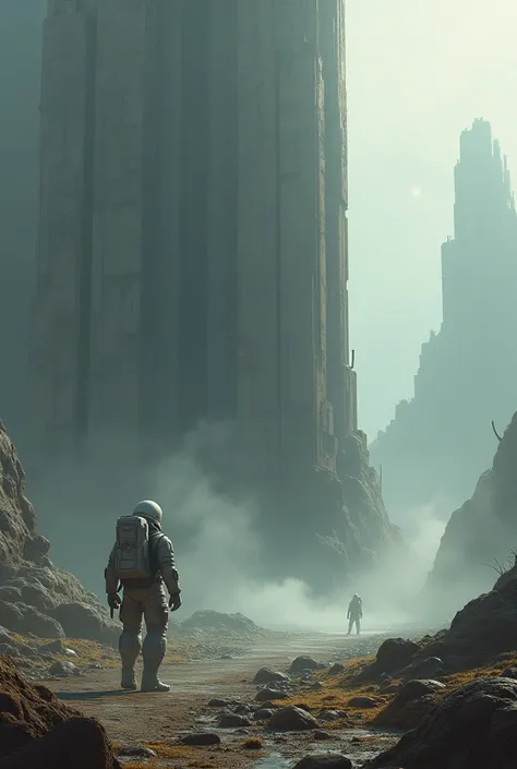 The astronaut began walking towards the gigantic ancient building., walking cautiously. Surrounding, A faint shadow of an unseen creature seemed to lurk in the distance. Strange sounds seemed to echo in the air.