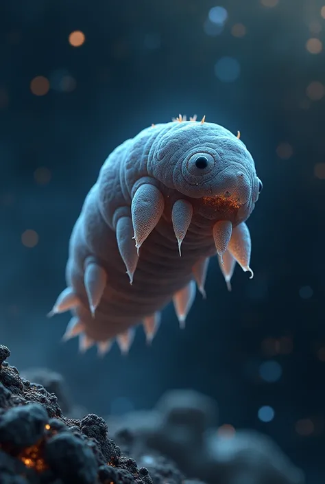 Create a highly detailed scene showing a microscopic tardigrade in the vacuum of space. The tardigrade should be depicted with its characteristic eight legs and be surrounded by a backdrop of stars and galaxies, with a focus on its resilience against the h...