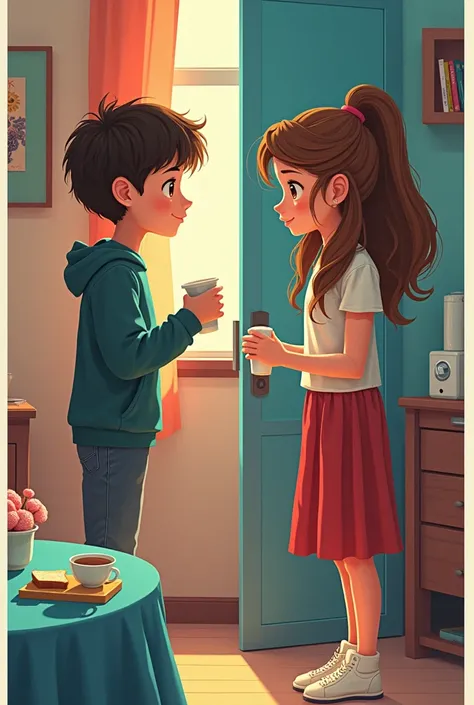 A collage of two separate scenes: A picture shows a teenager&#39;s morning routine in his bedroom, with a modest kitchen, a cup of coffee and a toast, while looking out the window. The other shows a teenage girl getting ready for school in her room., with ...