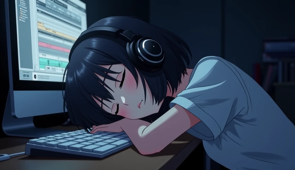 Sleeping face down on the computer desk,Music editing screen,White keyboard,headphone,Girl,19 years old,Bluish black hair,Dark Room,Inside the room,Heavy round bob hair,Plain white T-shirt,Anime Style, Shooting from an oblique angle,High resolution, Anti-a...