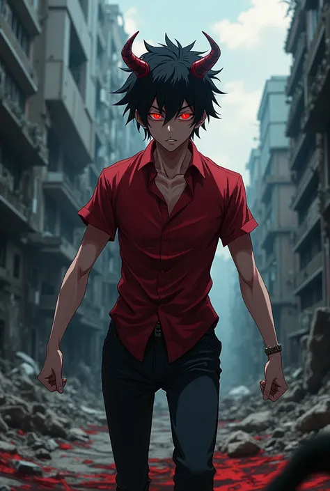 The anime character Kishin Asura in a human body. black hair. Red eyes. Red shirt. black trousers. Against the backdrop of a ruined city.